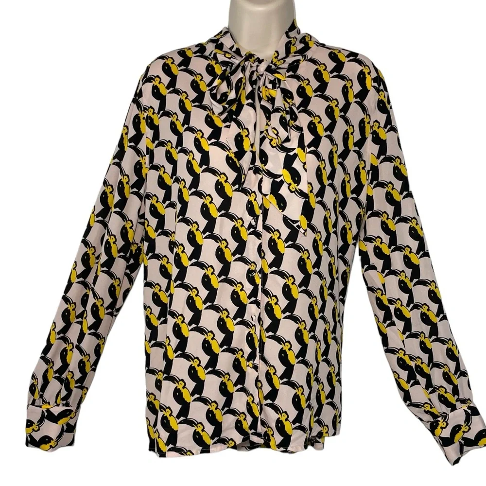 Avec Les Filles pink toucan print blouse neck bow button down sz xl - Picture 4 of 10